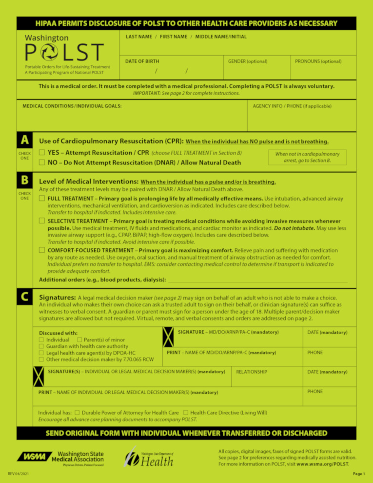 Image of a lime green POLST form.